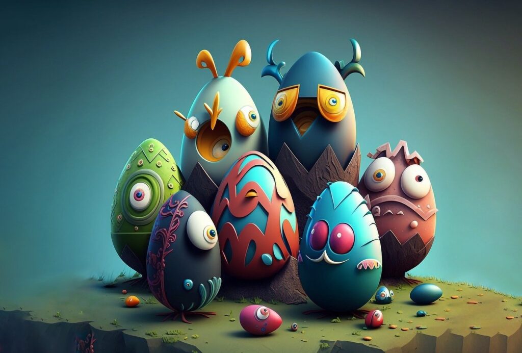 ai generated, easter eggs, eggs, monster, cartoon, 3d, easter festival, multicoloured, ai generated, cartoon, cartoon, cartoon, cartoon, cartoon